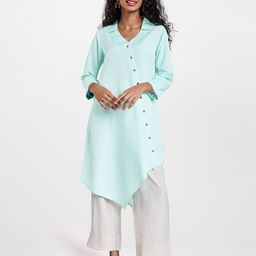 Global Desi Eco Vero Women Blue Solid Asymmetric Fusion Kurta-image-31