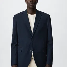 MANGO MAN Navy Blue Solid Notched Lapel Single-Breasted Sustainable Blazer-image-85
