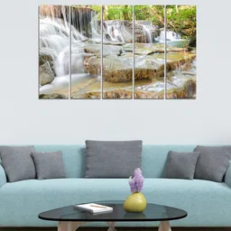 WENS Set of 5 Brown & Green Water Falls Beauty Velvet Laminated Panelled Paintings-20