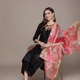 Anouk Women Black Embroidered Regular Liva Kurta with Palazzos & With Dupatta-picture-28