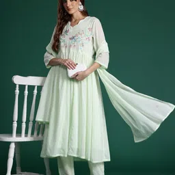 Indo Era Floral Embroidered Pleated Thread Work Pure Cotton Kurta with Trousers & Dupatta-picture-56