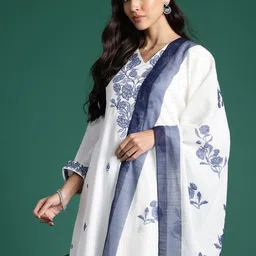 Indo Era Floral Embroidered Thread Work Pure Cotton Kurta with Trousers & With Dupatta-picture-19