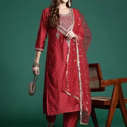 Indo Era Embroidered Sequinned Kurta With Trousers & Dupatta-image-87