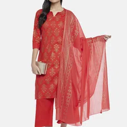 RANGMANCH BY PANTALOONS Women Coral Printed Pure Cotton Kurta With Trousers & Dupatta-image-26