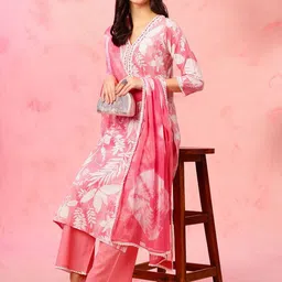 Anouk Floral Embroidered V-Neck Thread Work Pure Cotton Kurta With Trousers & Dupatta-26