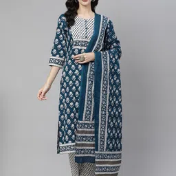 Yuris Women Blue & White Ethnic Motifs Print Pure Cotton Kurta with Trousers & Dupatta-picture-21