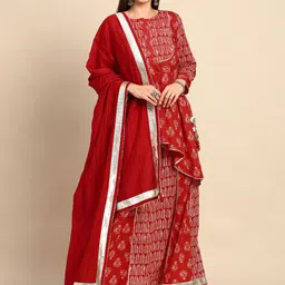 Shaily Women Red & White Printed Gotta Patti Pure Cotton Kurta with Palazzos & Dupatta-image-7