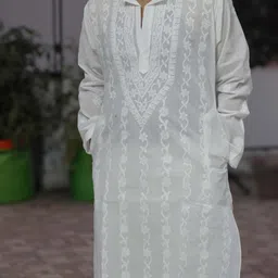 RAASA DRAPES Men Floral Regular Mukaish Chanderi Cotton Kurta with Trousers-35