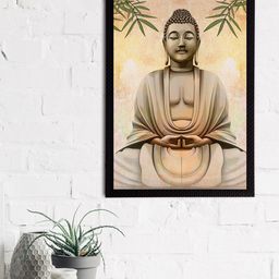 eCraftIndia Cream-Coloured & Green Meditating Lord Buddha Satin Matt Textured UV Wall Art-2