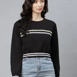 Hubberholme Women Black & White Brand Logo Striped Sweatshirt-image-64