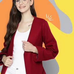 Mast & Harbour Women Maroon Solid Front-Open Blazer with Belt-image-74