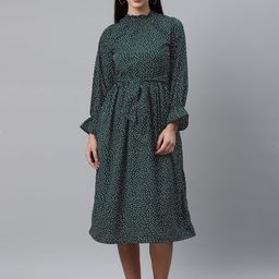 plusS Women Green & White Dotted Print A-Line Dress with Belt-image-34