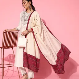 Sangria Women White Ethnic Motifs Embroidered Thread Work Kurta With Trousers & Dupatta-picture-7