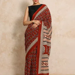 Moara Ready To Wear Pure Cotton Floral Bagru Saree with Unstiched Blouse-13
