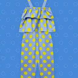 A T U N Girls Blue & Yellow Polka Dots Printed Basic Jumpsuit-image-93