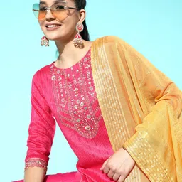 SheWill Embroidered Regular Sequinned Kurta with Trousers & With Dupatta image 3