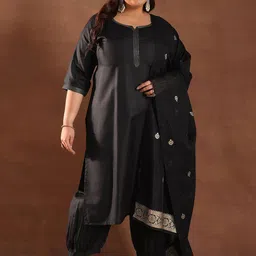 EXTRA LOVE BY LIBAS Plus Size Round Neck Zari Work Kurta With Salwar & Dupatta image 4