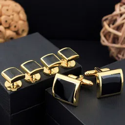 PELUCHE Black & Gold-Toned Crystal Studded Cufflink and Shirt Stud Gift Set-image-72