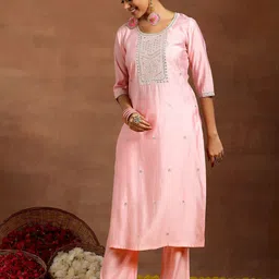 gerua by libas Libas Ethnic Motifs Yoke Design Sequinned Straight Kurta with Trousers & With Dupatta image 4