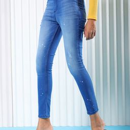 Freehand by The Indian Garage Co Women Blue Super Skinny Fit High-Rise Low Distress Light Fade Stretchable Jeans-image-75