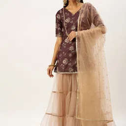 Ethnovog Women Burgundy Floral Printed Kurti with Sharara  With Dupatta-image-23