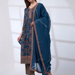 Globus Ethnic Print Mirror Work A-Line Kurta With Pants & Gotta Lace Dupatta Workwear Set image 2