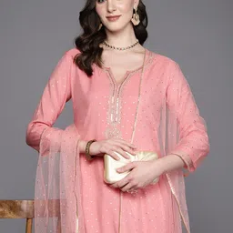 Indo Era Embroidered Regular Sequinned Chanderi Silk Kurta with Trousers & Dupatta-picture-0