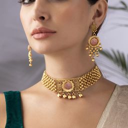 Rubans 24K Gold Plated Handcrafted Ruby Stone Studded & Gold Beaded Traditional Choker Set-47