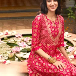 AURELIA Pink & Gold-Toned Floral Keyhole Neck Ethnic Pure Cotton Maxi Ethnic Dress-picture-33