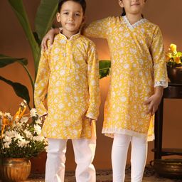 VASTRAMAY Boys Floral Printed Mandarin Collar Pure Cotton Straight Kurta With Pyjamas-84