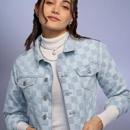 The Souled Store Checked Lightweight Spread Collar Pure Cotton Crop Denim Jacket-picture-11
