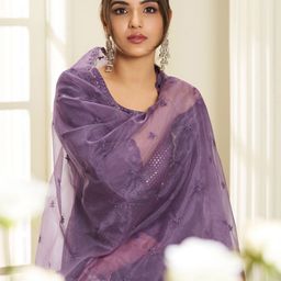 Inddus Floral Yoke Design Round Neck Sequinned Anarkali Kurta With Palazzos & Dupatta image 3