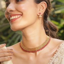 Rubans 22KT Gold Plated Brass Red Stone Studded Necklace Set-0