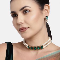 I Jewels Women Gold-Plated Green Stone-Studded Jewellery Set-36