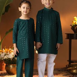 VASTRAMAY Girls Geometric Embroidered Regular Sequinned Kurta with Trousers-picture-19