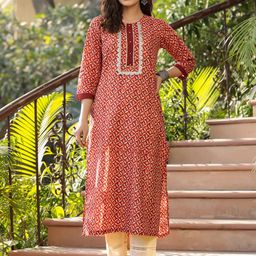 Rain & Rainbow Women Maroon Ethnic Motifs Cotton Printed Kurta-50