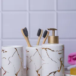 MARKET99 White 4-Pieces Printed Ceramic Bath Accessories Set-35