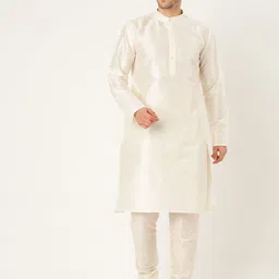 SOJANYA Men Off-White & Red Solid Kurta Set with Nehru Jacket image 2