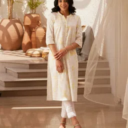 AURELIA Mandarin Collar Floral Print Striped Cotton Straight Kurta-picture-56