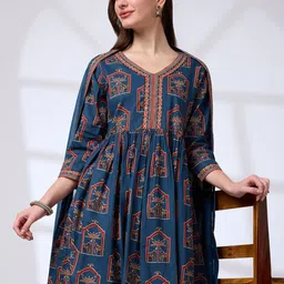 Globus Ethnic Print Mirror Work A-Line Kurta With Pants & Gotta Lace Dupatta Workwear Set image 3