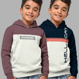 HELLCAT Boys Set Of 2 Taupe & Blue Colourblocked Hooded Sweatshirt-3