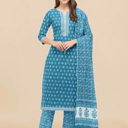 KALINI Women Turquoise Blue Ethnic Motifs Printed Gotta Patti Pure Cotton Kurta with Trousers & With Dupatta-picture-36