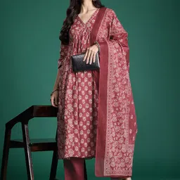 Indo Era Floral Printed Empire Pure Cotton Kurta with Trousers & With Dupatta-13