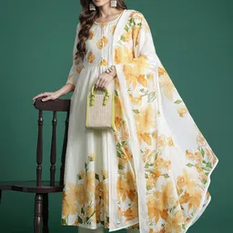 Indo Era Floral Printed Empire Pure Cotton Kurta with Trousers & Dupatta-picture-20