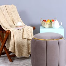 Shadowkart Grey & Gold-Toned Wooden Round Ottoman-image-72