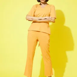 Athena Women Mustard Yellow Solid V-Neck Top and Trousers-picture-34