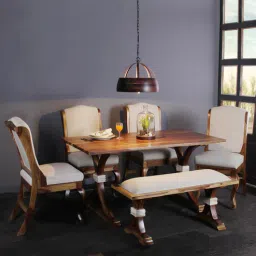 fabuliv Nicole Sheesham Wood 6 Seater Dining Set in Teak Finish with Bench-picture-17