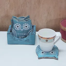 disoo fashions Owl shape Teal Blue Rustic Handpainted Wood 7 Pcs Coasters with Stand-picture-11