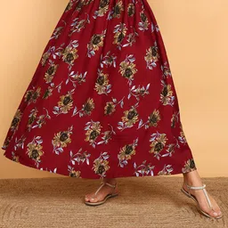 VAHSON Floral Printed Flared Crepe Maxi Skirt-image-45