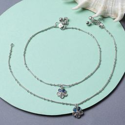 ZENEME Rhodium-Plated Artificial Stone-Studded & Beaded Anklets-15
